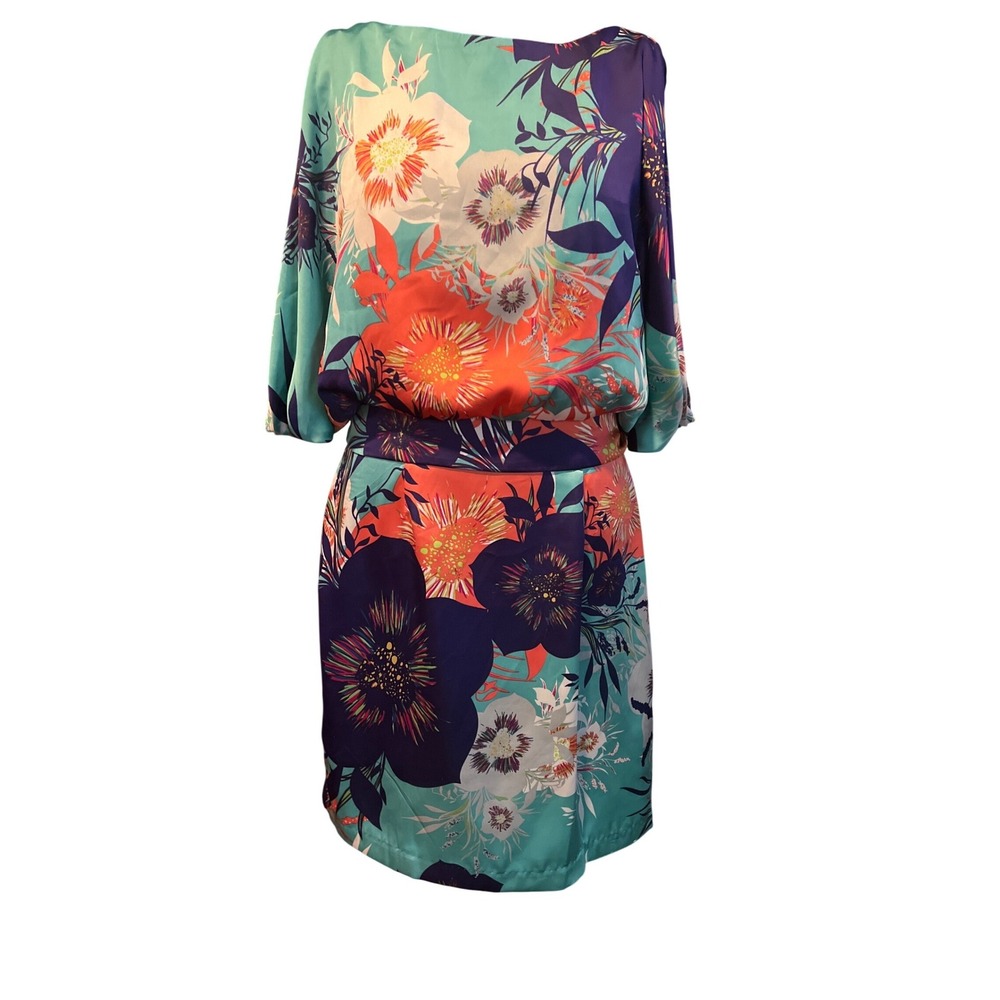 Bisou Bisou Michele Bohbot Floral Mini Dress Teal Orange Purple Size 8 Cutout